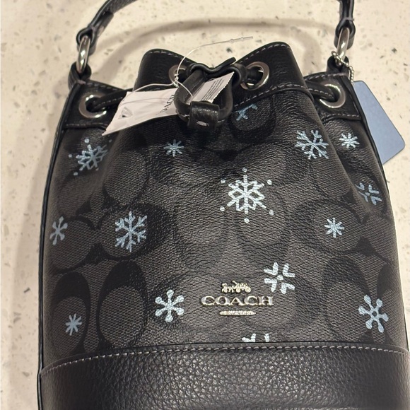 Coach Dempsey Drawstring Bucket Bag Black Signature Canvas With Snowflake Print - Picture 4 of 8